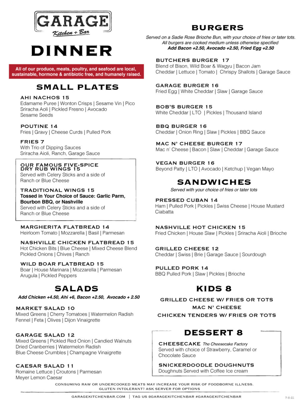 MENUS Garage Kitchen + Bar San Diego Bar