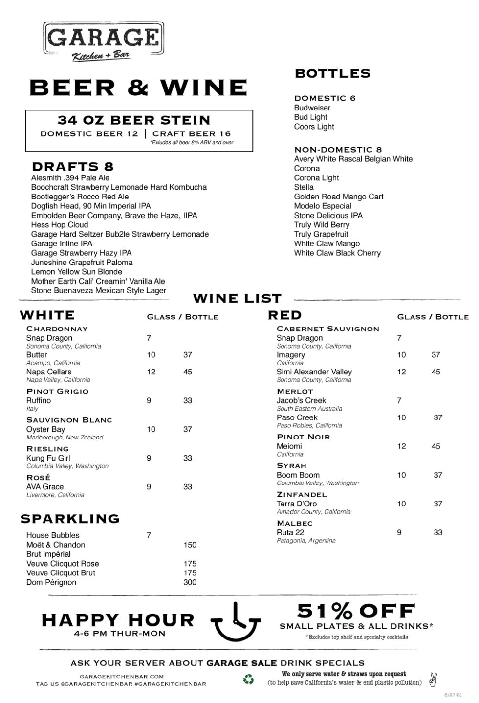 MENUS Garage Kitchen + Bar San Diego Bar