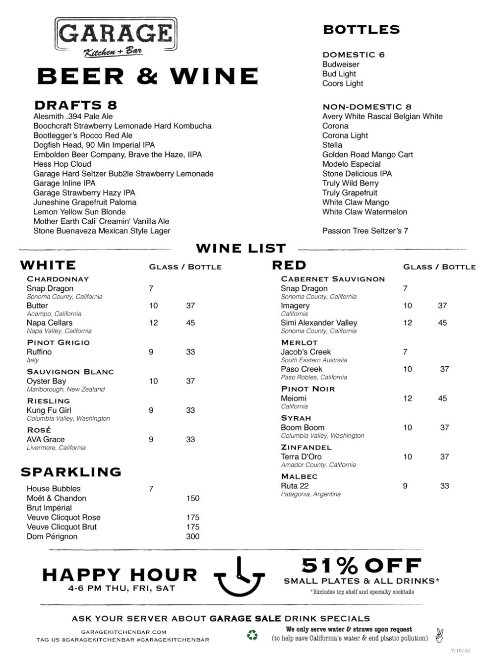 MENUS Garage Kitchen + Bar San Diego Bar