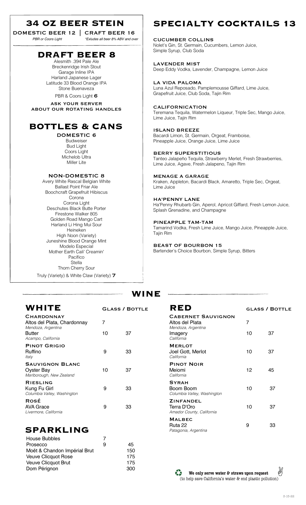 MENUS Garage Kitchen + Bar San Diego Bar