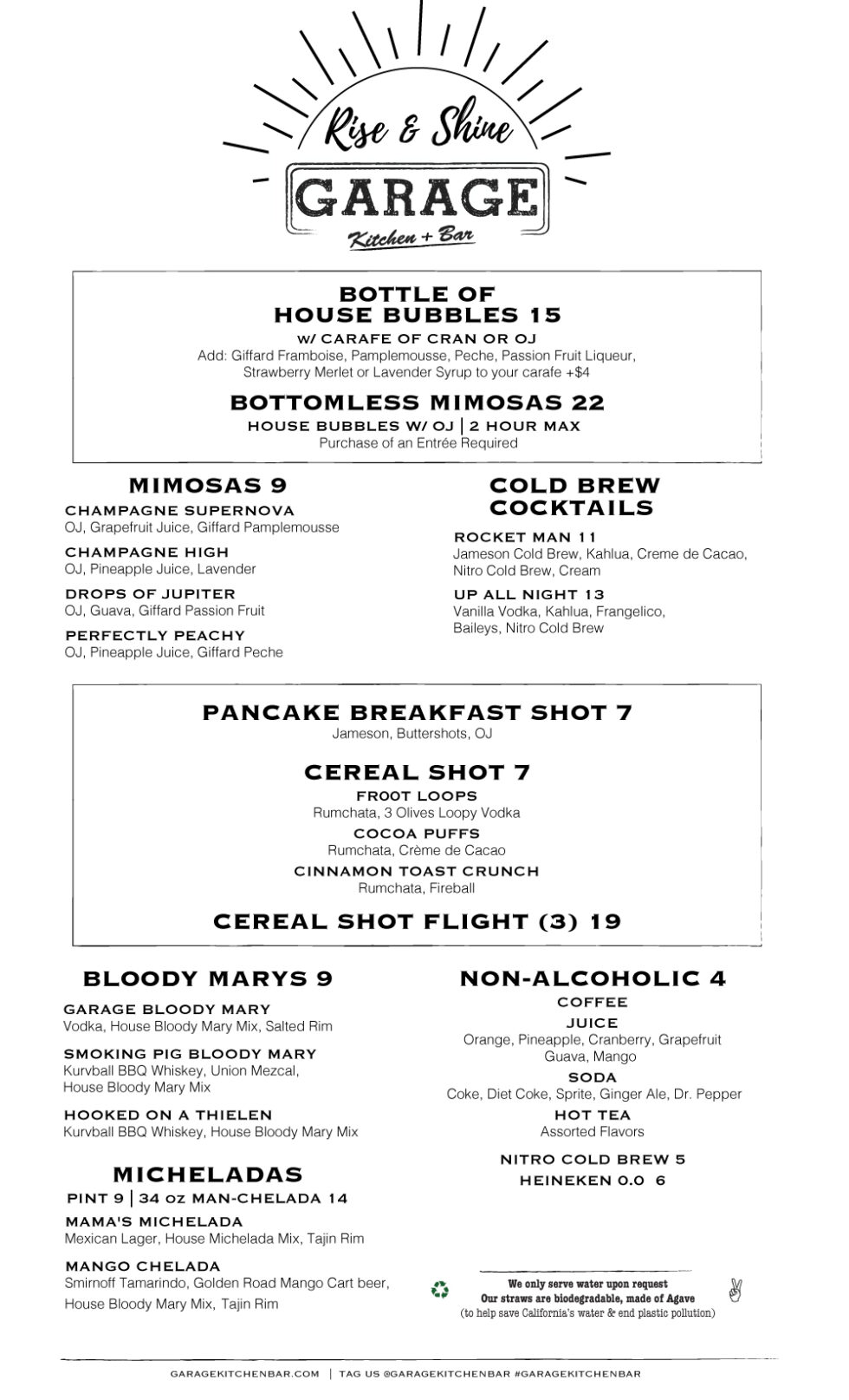 MENUS Garage Kitchen + Bar San Diego Bar