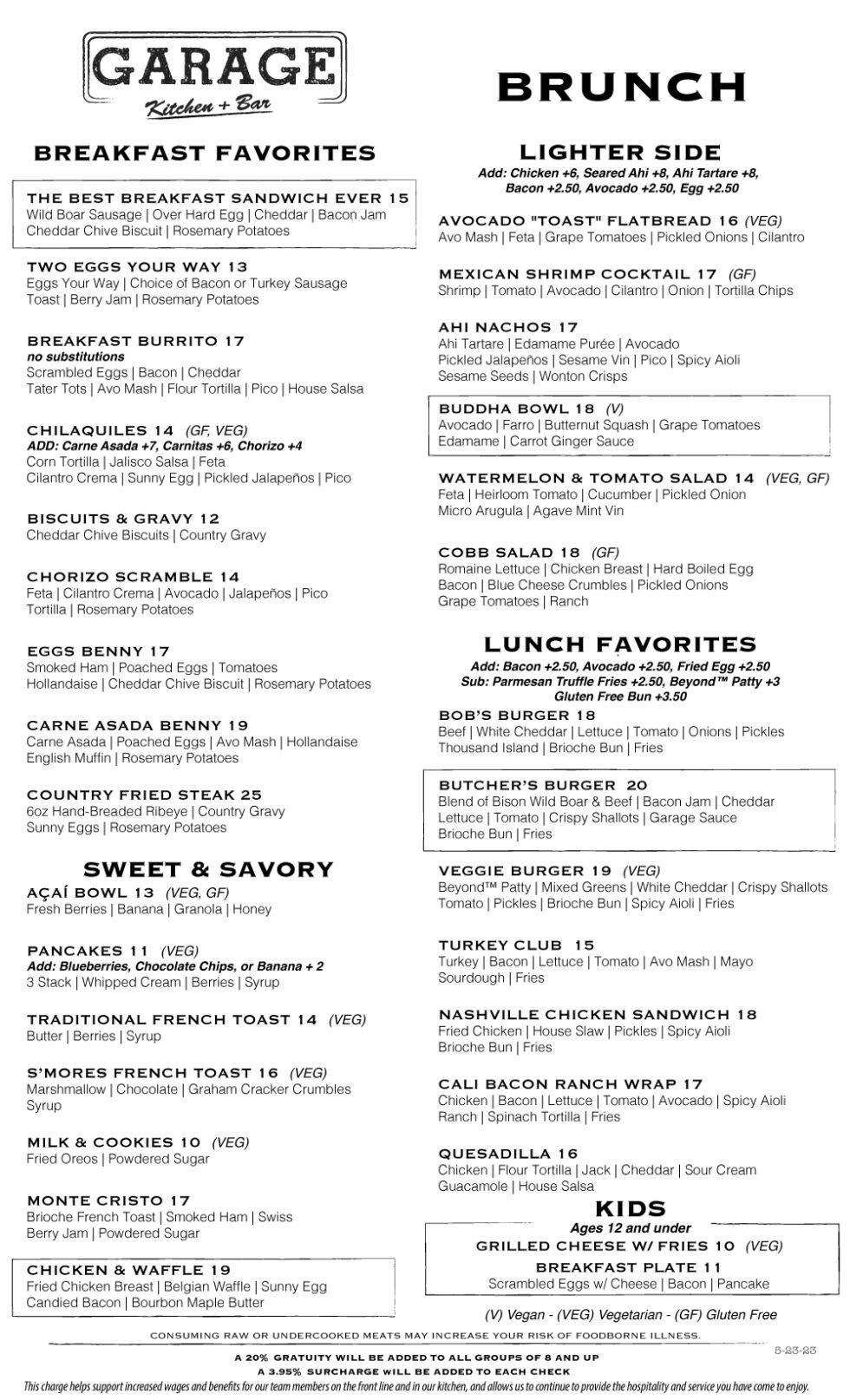 MENUS Garage Kitchen + Bar San Diego Bar