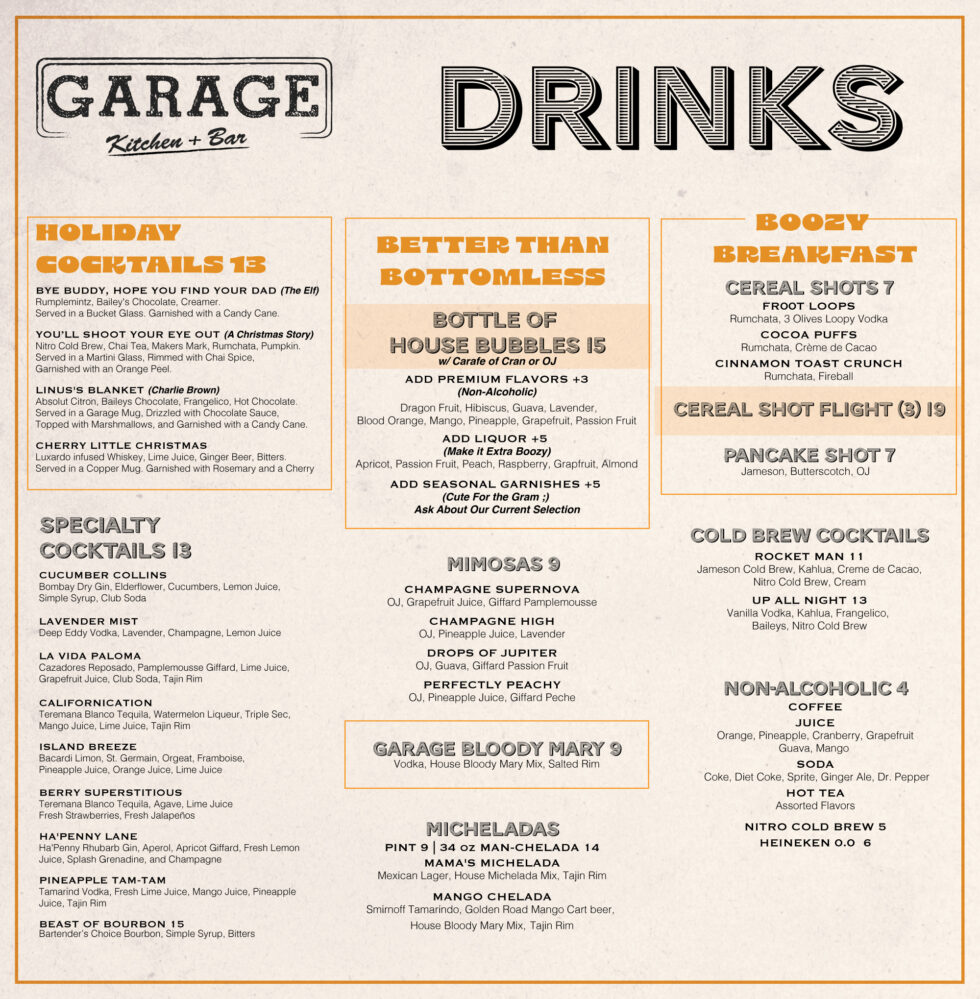 MENUS Garage Kitchen + Bar San Diego Bar
