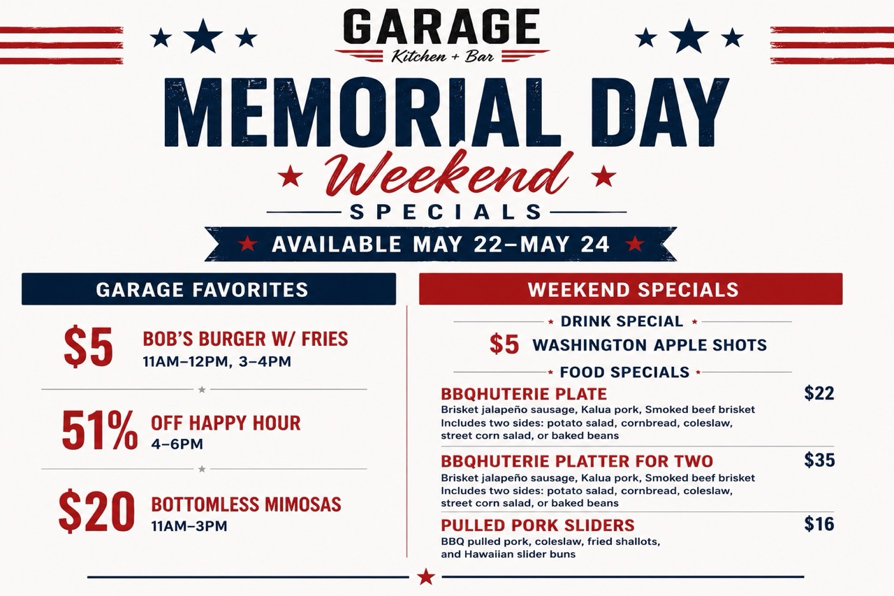 Memorial Day Weekend at Garage Kitchen + Bar Memorial Day Weekend promotional graphic for Garage Kitchen + Bar in San Diego’s Gaslamp Quarter featuring BBQ food specials, $5 Washington Apple Shots, and Garage favorites including Bob’s Burgers, Happy Hour, and Bottomless Mimosas. The design includes a patriotic red, white, and blue theme with food photography and Memorial Day branding.
