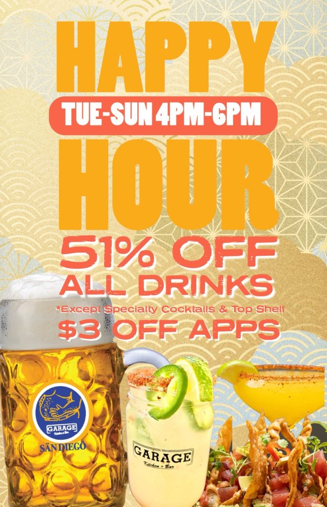 Happy Hour at Garage Kitchen + Bar in San Diego’s Gaslamp Quarter featuring 51% off drinks and $3 off appetizers Sunday through Friday from 4pm–6pm in a lively downtown sports bar atmosphere.