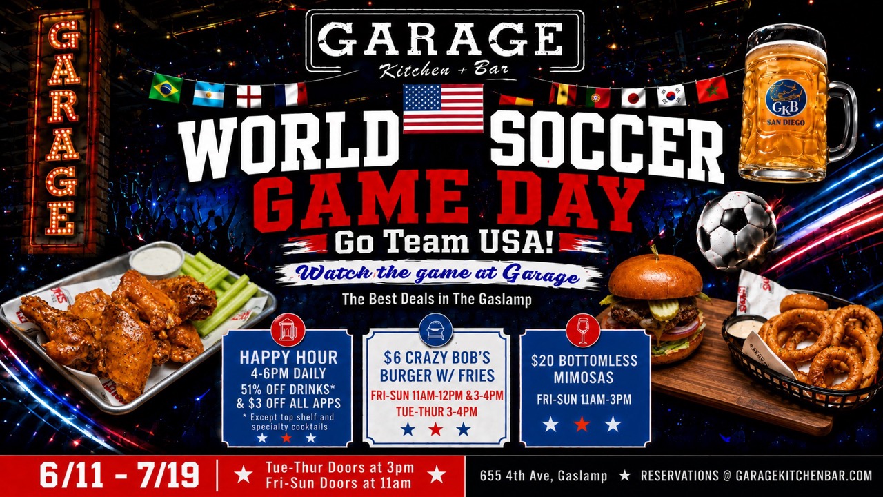 World Cup watch party food and drink specials at Garage Kitchen + Bar San Diego