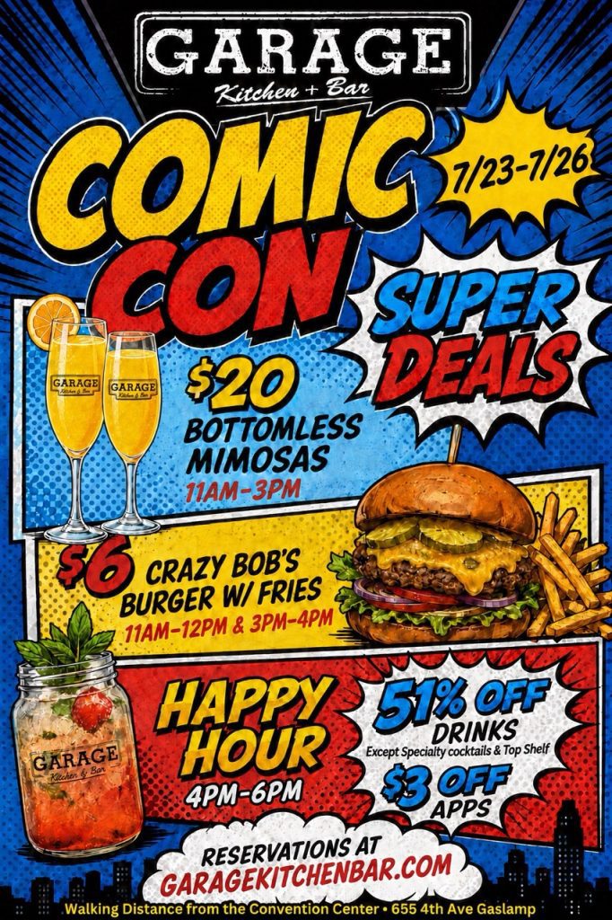 Bottomless mimosas at Garage Kitchen + Bar during San Diego Comic-Con, just steps from the San Diego Convention Center.