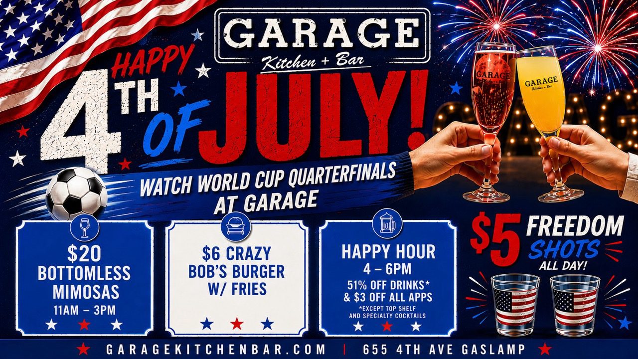 4th of July Weekend at Garage Kitchen + Bar featuring FIFA World Cup watch parties, happy hour, bottomless mimosa brunch, burgers and drink specials in San Diego's Gaslamp Quarter.