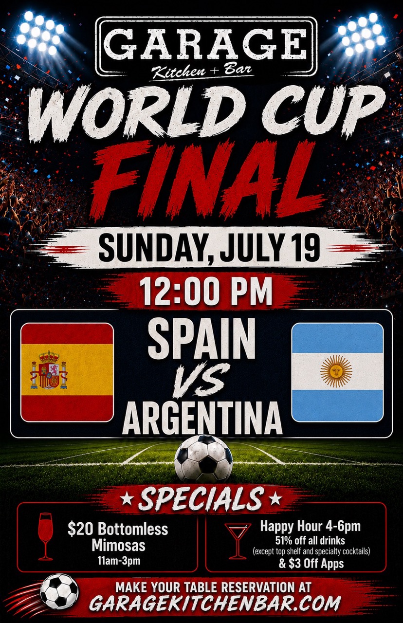 FIFA World Cup Final watch party at Garage Kitchen + Bar in San Diego featuring Spain vs Argentina on July 19 with food and drink specials.