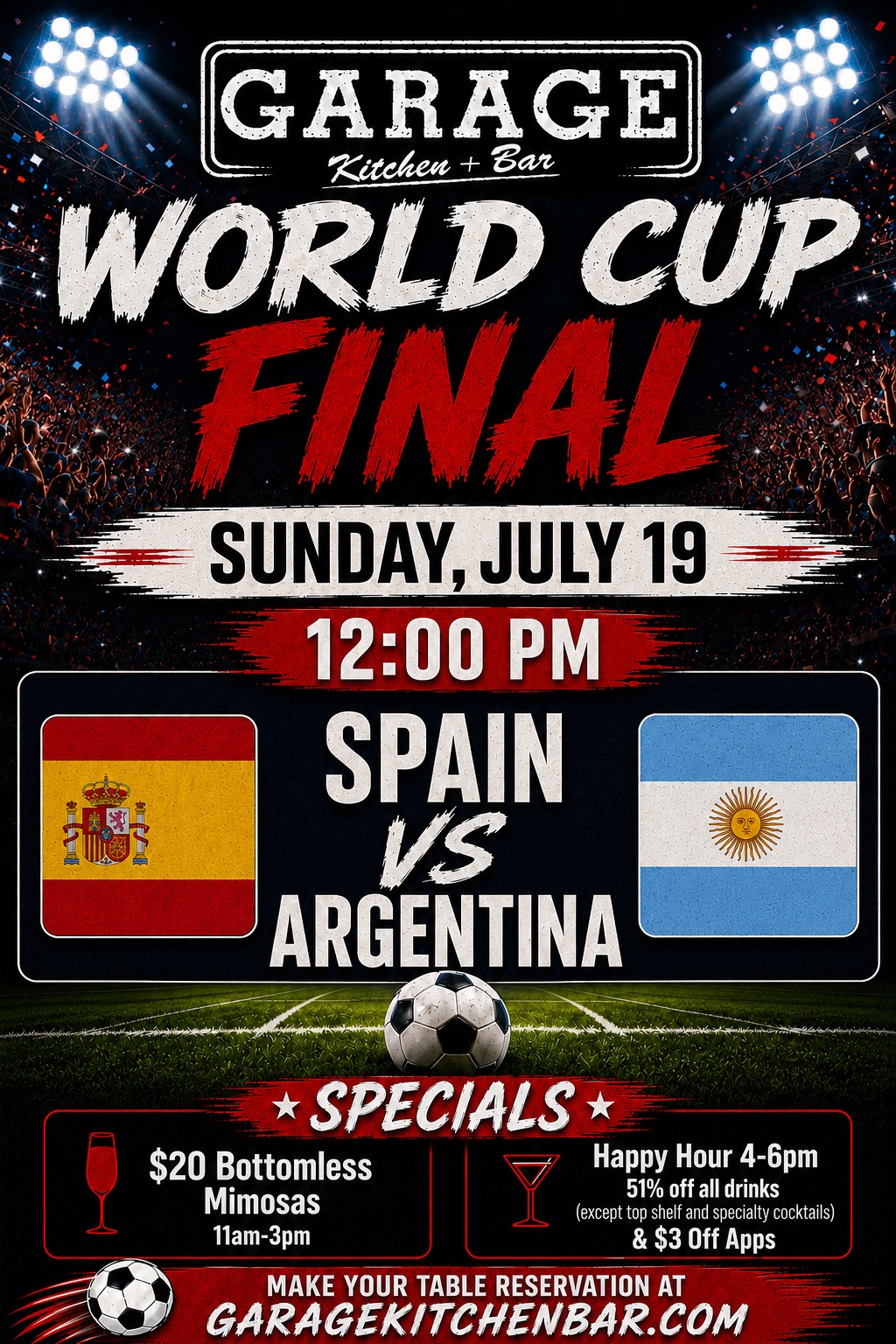 FIFA World Cup Final watch party at Garage Kitchen + Bar in San Diego featuring Spain vs Argentina on July 19 with food and drink specials.
