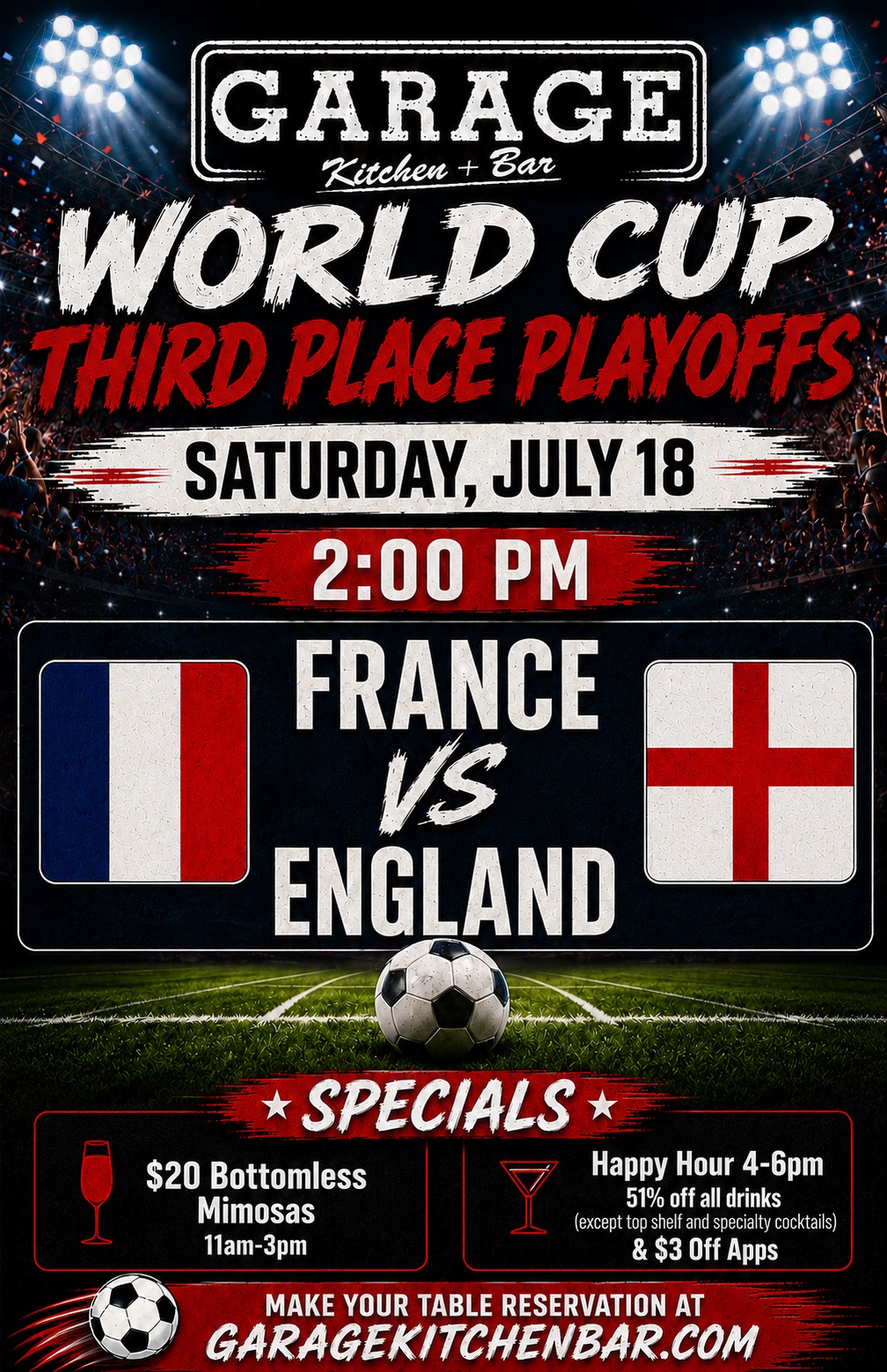 World Cup Third Place Playoff watch party at Garage Kitchen + Bar in San Diego featuring France vs England on July 18 with happy hour, bottomless mimosas and food specials.
