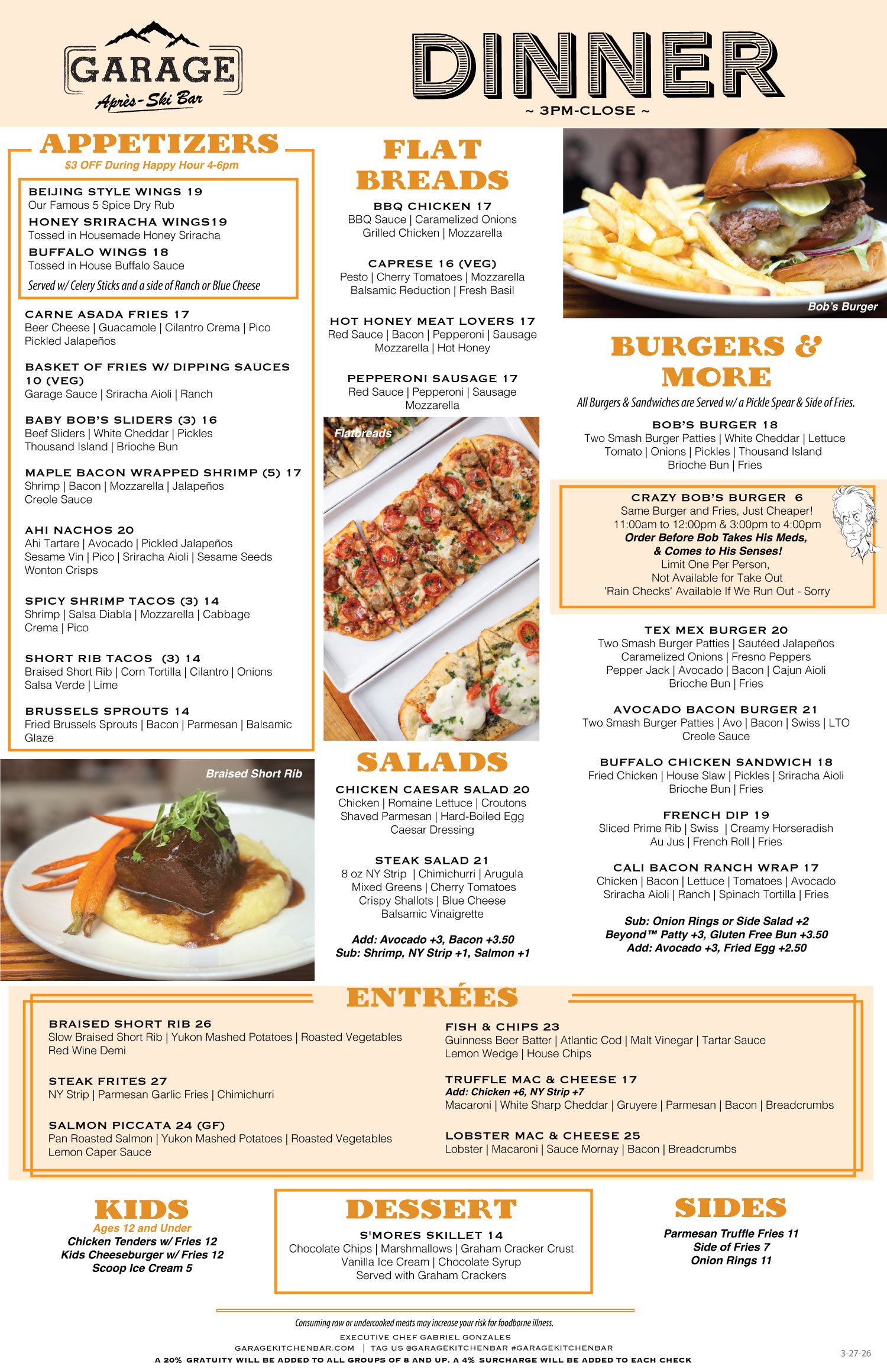 Garage Kitchen + Bar dinner menu with appetizers, burgers, sandwiches, salads and entrées