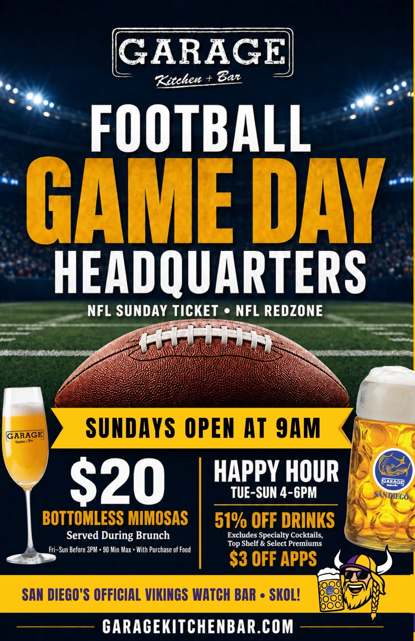 NFL Game Day at Garage Kitchen + Bar San Diego NFL game-day specials at Garage Kitchen + Bar in downtown San Diego