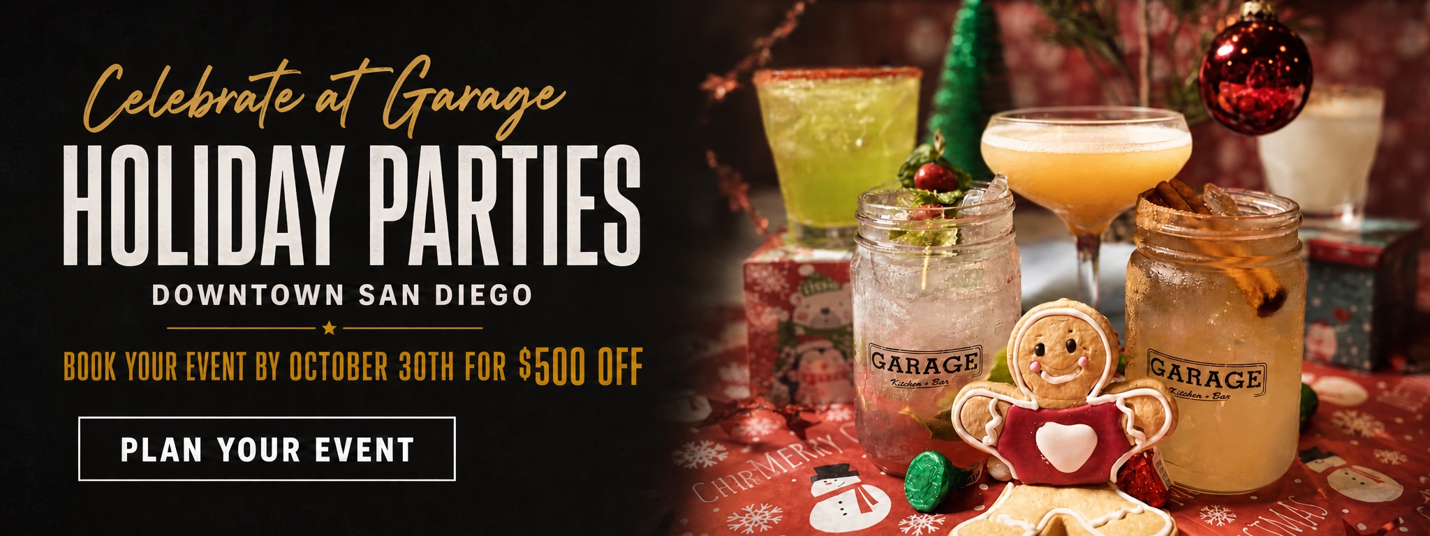 Garage-holiday-parties-horizontal-october-30 Holiday party cocktails at Garage Kitchen + Bar in downtown San Diego with an offer to save $500 when booking by September 30