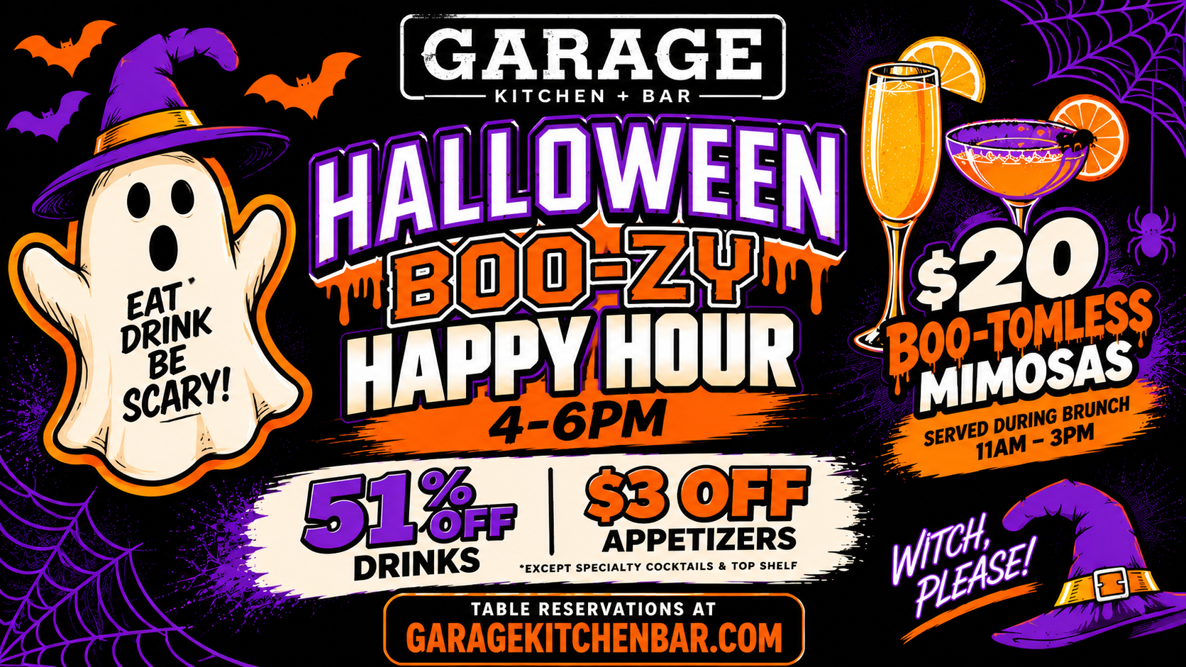 Halloween at Garage Kitchen + Bar: happy hour 4–6 PM with 51% off drinks and $3 off appetizers, plus $20 bottomless mimosas during brunch, 11 AM–3 PM.